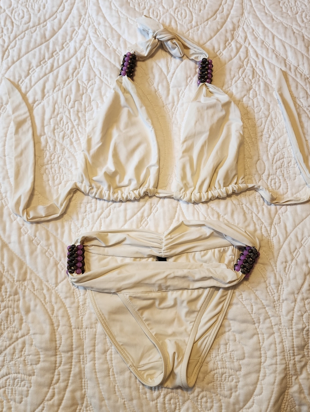 Despi Purple Beaded White Halter Bikini